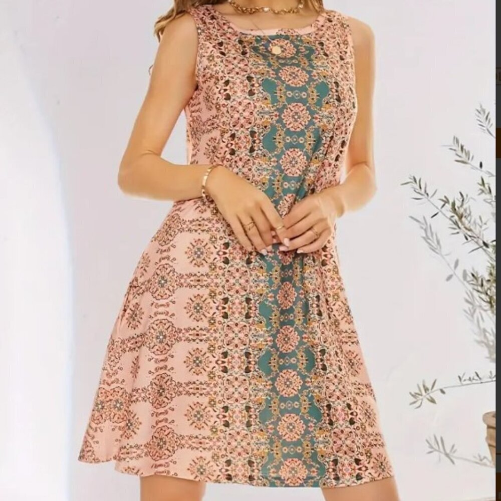 Boho Medallion Print Sleeveless Pocket Dress | Size S
